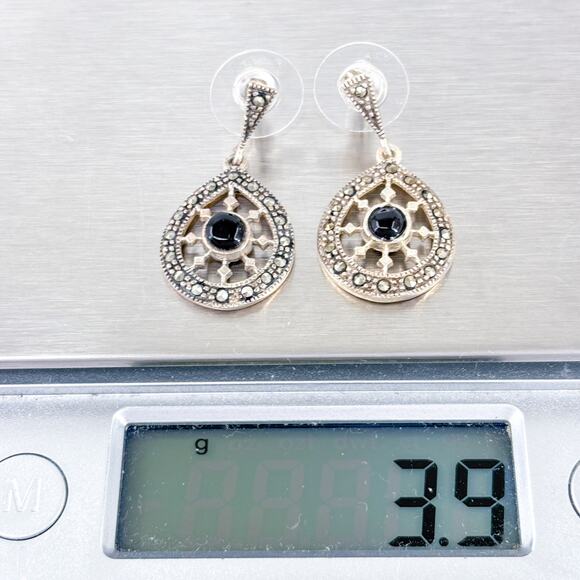 Vintage Sterling Silver 925 Thai Earrings | Onyx and Marcasite Teardrop Dangle - Picture 9 of 9